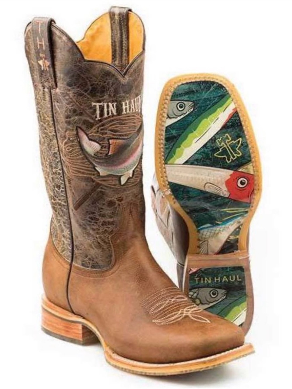 Tin Haul Brown Leather Cowboy Boots with Fish Sole Art